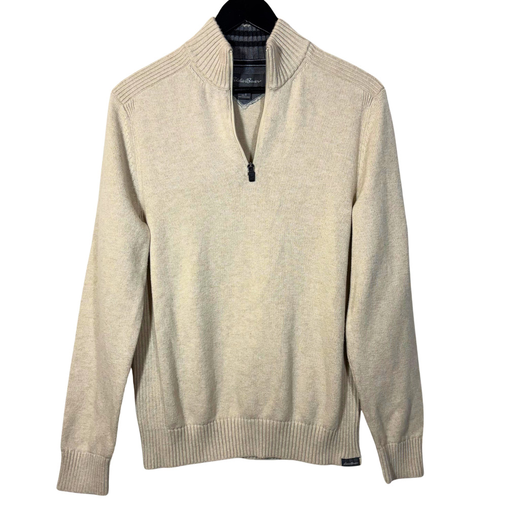 Eddie Bauer Men's Quarter Zip Ribbed Knit Sweater Small Off White Pullover